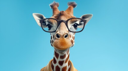 Giraffe with glasses on a blue background with space for text