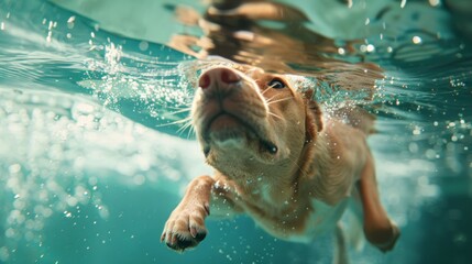 A dog swimming in crystal clear water

