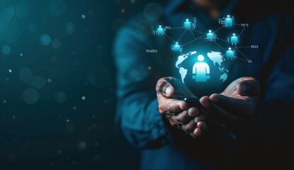 Virtual hologram icon portraying interconnected people on a global scale. Connectivity concept