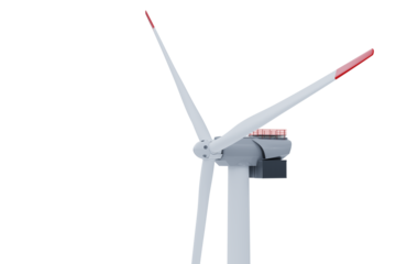 Single wind turbine with red-tipped blades on transparent background