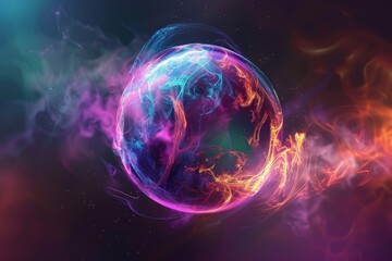 Obraz premium Magical Neon Sphere in the Night Sky - Abstract Vibrant Cosmic Glow Postproducted Digital Illustration. Generative AI. Beautiful simple AI generated image in 4K, unique.