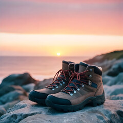 Naklejka premium a pair of hiking boots sit on a rock with the sun setting behind them.