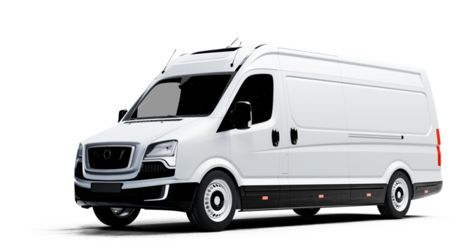 Side view of white delivery van isolated on transparent background
