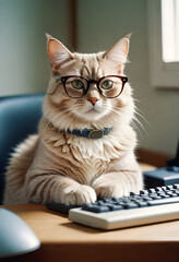 a cat wearing glasses sits on a desk next to a computer.