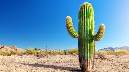  A solitary green cactus in the heart of a desert Behind it, towering mountains and a brilliant blue sky Scattered clouds gracefully hover in the foreground