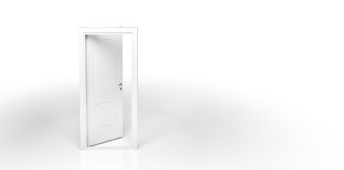 Semi open white door on transparent background