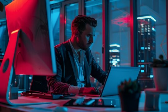 Szpieg wykradający dane z laptopa w nocy