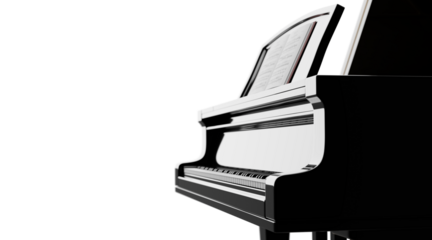 Elegant grand piano with music sheets on transparent background
