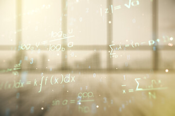 Double exposure of scientific formula hologram on empty modern office background, research and...