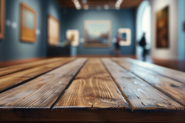 A wooden bench in the foreground with a blurred background of an art gallery. The background includes various paintings and sculptures on display and visitors viewing the artwork.