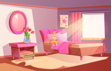 Pink girl bedroom interior vector cartoon. Girly house with bed and modern furniture design. Mirror and poster on wall, book pile and flower vase decoration in cute hotel apartment or teen room