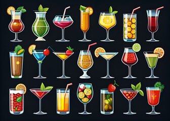  set of alcoholic cocktails with drinks.