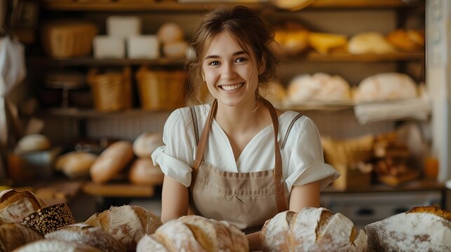 Happy attractive french woman working baking fresh white bread croissant and sweets with uniform apron, smiling young female owner of a small business selling homemade bread, bakery shop background.