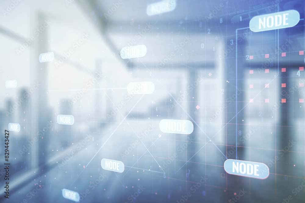 Poster multi exposure of abstract software development hologram on empty modern office background, research