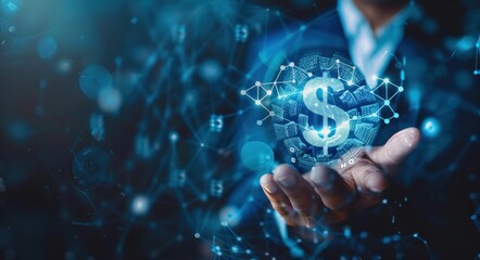 Holographic projection of a dollar sign and coins. Business financial visualization