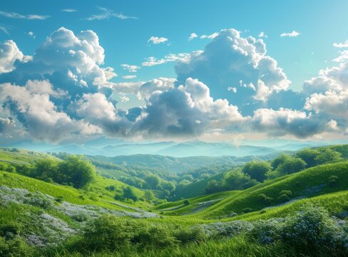 Green rolling hills under blue sky with white clouds