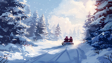 Thrilling Snowmobiling Adventure Watercolor Image Exploration Wild on cloudy background
