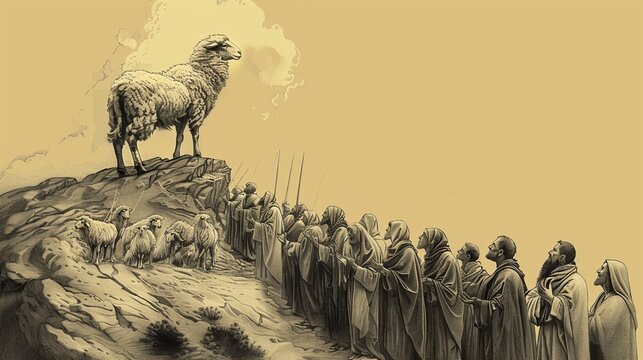 Biblical Illustration: The Lamb and the 144,000, Mount Zion, Singing a New Song, Beige Background, Copyspace