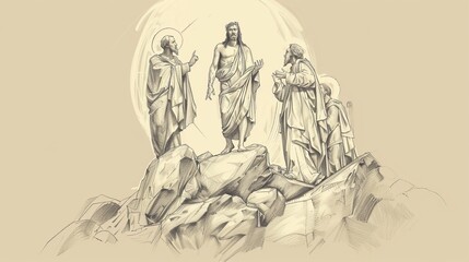 Biblical Illustration: The Transfiguration, Jesus Transfigured on Mountaintop, Moses and Elijah Appearing, Disciples Witnessing, Beige Background, Copyspace
