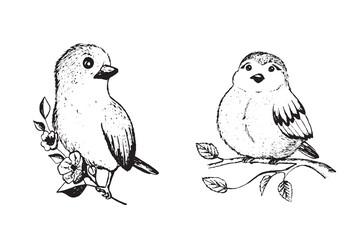 Coloring book happy birds for kids. Funny birds, flowers, leaves and berries. Flat vector illustration with cartoon bird silhouette. Cute characters. Minimalist poster design