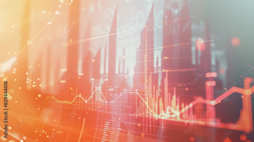 Poster abstract financial chart with vibrant cityscape background featuring data analysis and business metr