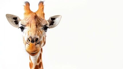 Fototapeta premium A tight shot of a giraffe's head against a pure white backdrop, both foreground and background