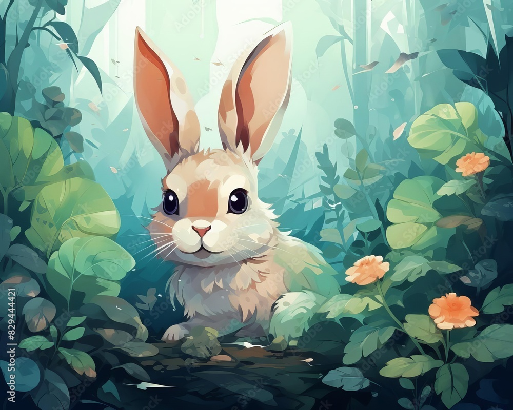 Poster rabbit flat design top view theme forest cartoon drawing colored pastel