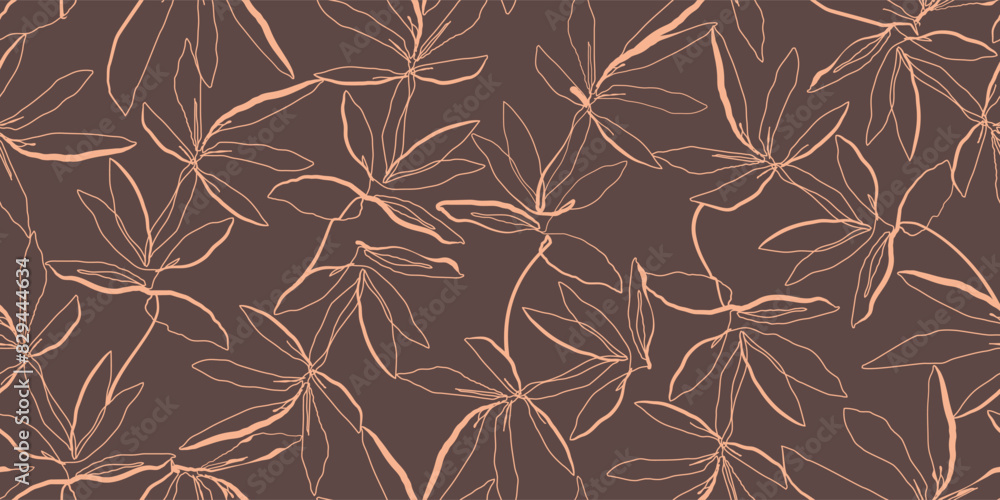 Poster abstract line art leaves vector seamless pattern. wallpaper of line drawing leaves. seamless botanic