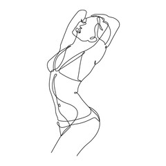 Trendy Line Art Woman Body. Minimalistic Black Lines Drawing. Female Figure Continuous One Line Abstract Drawing. Modern Scandinavian Design. Naked Body Art. Vector Illustration.