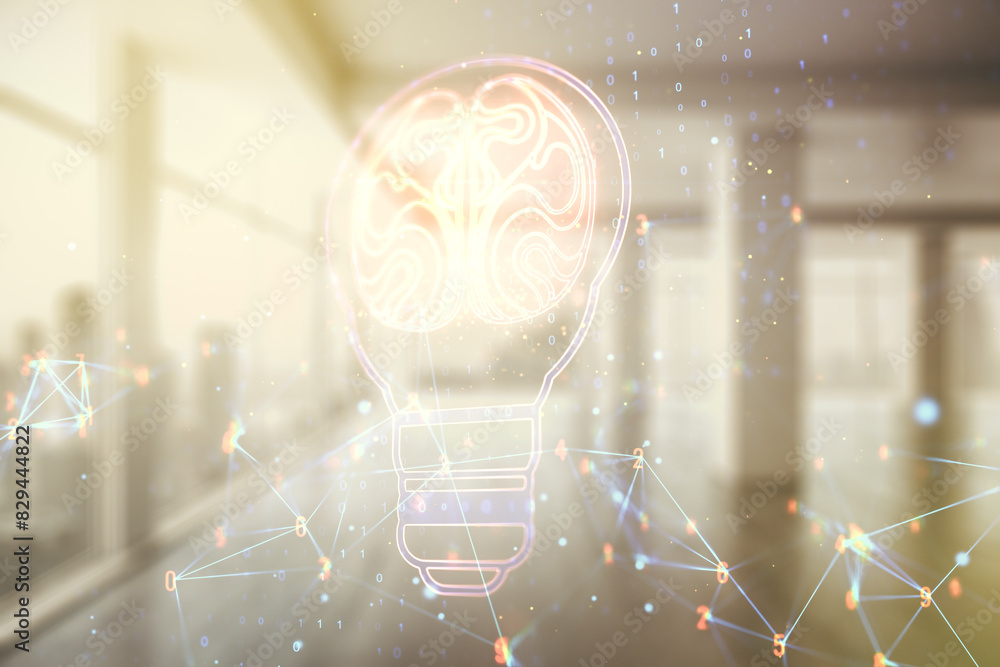 Aufkleber abstract virtual idea concept with light bulb and human brain illustration on empty corporate office