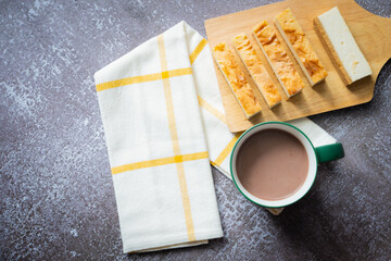 food background with cheese cake and breakfast for summer season