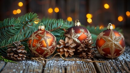  A collection of Christmas ornaments atop a wooden table, accompanied by pine cones Background includes holiday lights