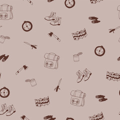 camp seamless pattern. hand drawn doodle. vector, scandinavian, minimalism, monochrome.