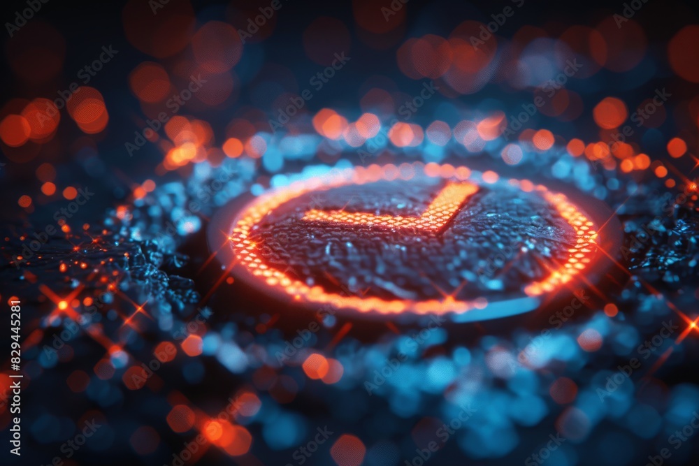 Poster fiery digital checkmark within a cyber shield, representing active security measures in an interconn