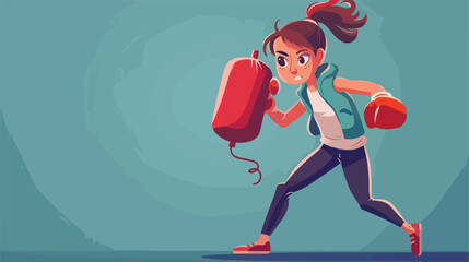 Woman boxing. Girl with punching bag Cartoon Vector style
