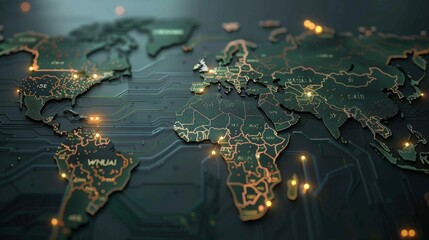 Global Connectivity and Digital Network Concept - World Map with Glowing Nodes and Circuit Lines