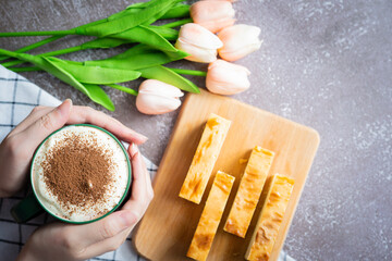 food background with cheese cake and breakfast for summer season