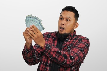 a man happy waving Cash. White background. Expression of face