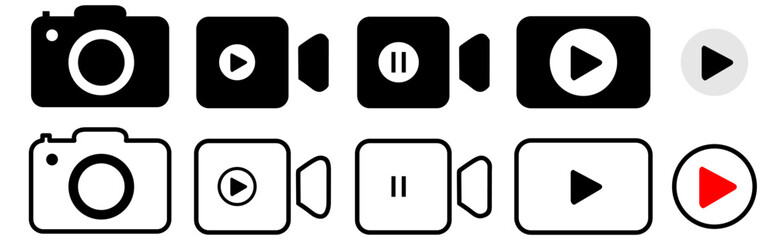 Camera video icon. Camera icon. Play icon button. Audio player icon. Video streaming web icons