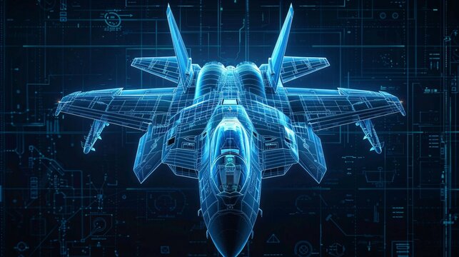 An illustration of fighter jet in blue print wireframe , A fighter jet is depicted in the center of an air battle map with data and holographic images against a dark blue background