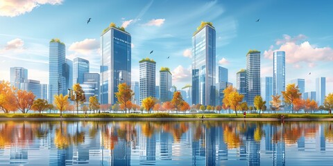 Fototapeta premium Energy efficient office building: High-rise office building with green roofs and vertical gardens, facade with solar panels, large windows with energy efficient glazing