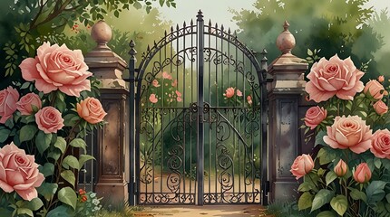 painting of a metal gate with pink climbing roses on both sides.