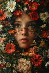 woman looking straight in the camera, upper half of the head is covered with flowers created with Generative AI technology