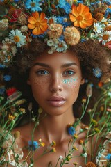 woman looking straight in the camera, upper half of the head is covered with flowers created with Generative AI technology