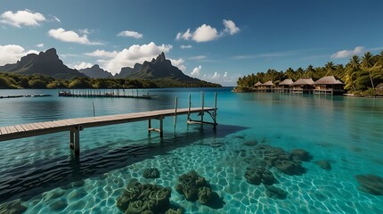 Thatched roof bungalows on stilts over a calm tropical lagoon