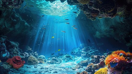 Underwater cave with a beam of light shining down, showing a colorful coral reef with many fish...