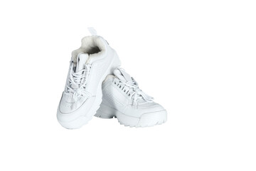  White Running Shoes. Winter insulated white sneakers sport footwear on isolated background