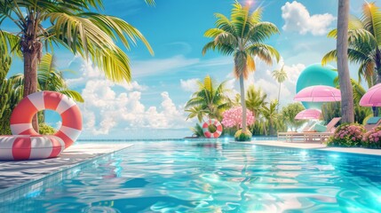 Obraz premium From a horizontal perspective, the tranquil surface of The swimming pool, accompanied by palm trees, swim rings, and beach chairs, harmonizes with the sky and clouds, presenting a leisurely summer sce