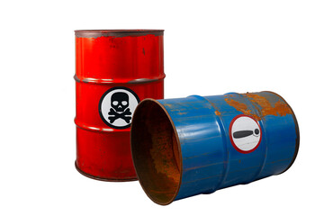 Barrels with radioactive and toxic waste. Warning sign. Rusty dangerous barrel with radionuclide,...