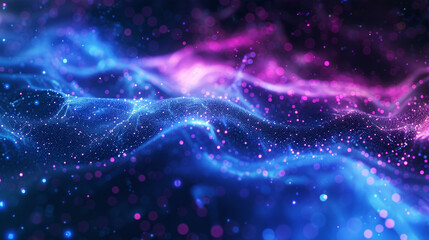 A blue and purple abstract background with small dots forming a galaxy pattern.